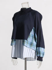 Round Neck Casual Loose Patchwork Button Hoodie