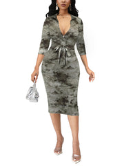 Fashion V-neck Print Bodycon Mid Dress