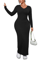 Fashion Solid V Neck Long Sleeve Bodycon Dress