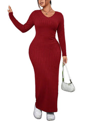 Fashion Solid V Neck Long Sleeve Bodycon Dress