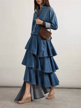Loose Denim Shirt Asymmetric Ruffle Tiered Skirt Sets