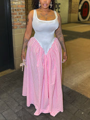 Fashion U Neck Plaid Patchwork Pleated Maxi Dress