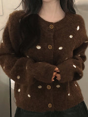 Fashion Round Neck Polka Dot Knit Cardigan Sweater