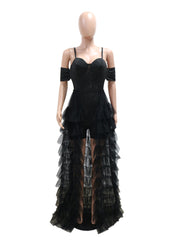 Rhinestone Straps Romper Patchwork Ruffle Mesh Skirt