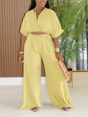 V-neck Crop Top High Waist Wide-leg Pants Two-piece