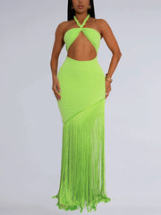 Sexy Halter Lace-up Fringes Maxi Dress