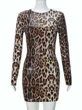 Leopard Print Sequin Long Sleeve Bodycon Mini Dress