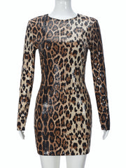 Leopard Print Sequin Long Sleeve Bodycon Mini Dress