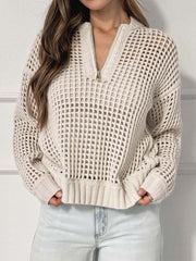 Casual Half-Zip Long Sleeve Hollow Out Sweater