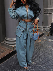 Casual Cropped Denim Jacket Cargo Jeans Two Piece Set
