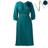 Belted Crew Neck Pleated Midi Dress