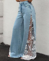 Contrast Lace Panel Wide Leg Jeans