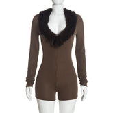 Plush Trim V Neck Long Sleeve Ribbed Romper