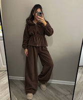 Ruched Waist Velvet Zip Hoodie and Pants Set