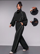 Contrast Piping Cropped Jacket and Wide Leg Pants Set