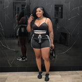 Fashion Patchwork Sling Crop Top Shorts Set