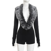 Faux Fur Deep V Long Sleeve Romper