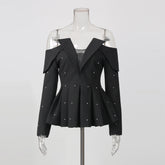 Pearl Trim Off Shoulder Blazer-boutique