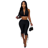 Halter Crop Top and Lace Up Capri Pants Set