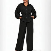 Collared Shirt and Wide Leg Pants Set