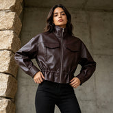 Stand Collar Faux Leather Moto Jacket -botique