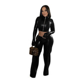 Snake Texture Zip Crop Top and Flared Pants Set