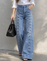 Metal Button High Waist Wide Leg Jeans