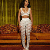 Sexy Lace See through Crop Vest Skinny Pants Set