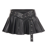 Eyelet V Waist Leather Look Pleated Mini Skirt