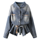 Floral Belted Cropped Denim Jacket-boutique