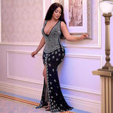 Rhinestone Mesh V Neck Bodycon Mini Dress