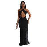 Sexy Fringe Halter Backless Lace-Up Maxi Dress