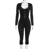 Lace Up Square Neck Long Sleeve Jumpsuit