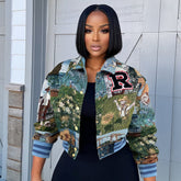 Vintage Print Cropped Varsity Jacket