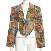 Floral Jacquard Lapel Zip Front Cropped Jacket