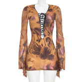 Printed Tie Front Mesh Mini Dress