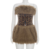 Leopard Sequin Faux Fur Strapless Mini Dress