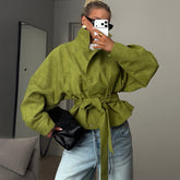 Belted Stand Collar Cropped Trench Jacket