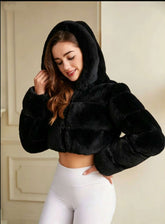 Hooded Paneled Faux Fur Cropped Jacket