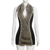 Faux Fur Halter Backless Mini Dress