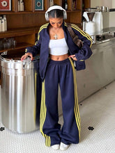 Striped Zip Track Jacket and Wide Leg Pants Set