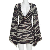 Abstract Print Deep V Flowy Sleeve Mini Dress