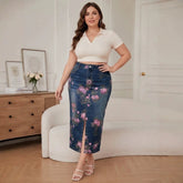 Women's Plus Size Floral Print Denim Maxi Skirt