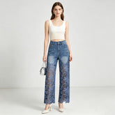 Polka Dot Lace Hem Wide Leg Jeans