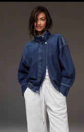 Stand Collar Denim Moto Jacket