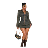 Zip Front Long Sleeve Denim Mini Dress