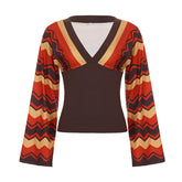 Wavy Stripe V Neck Bell Sleeve Top