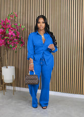Drawstring Top and Wide Leg Pants Set