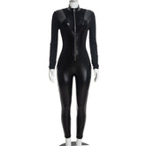 Zip Front Long Sleeve Faux Leather Panel Jumpsuit