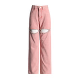 Rhinestone Cutout Wide Leg Jeans